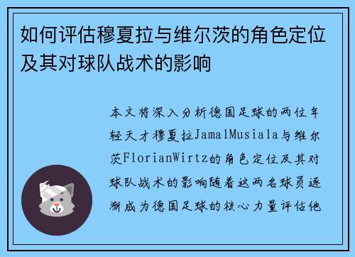 如何评估穆夏拉与维尔茨的角色定位及其对球队战术的影响
